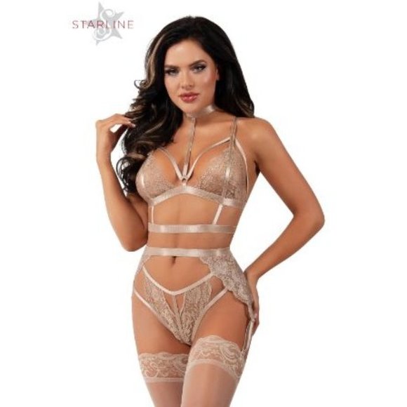 STARLINE Ms Rebel Bralette & Garter Sexy Set NUDE - Picture 1 of 3